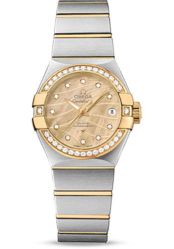 Omega Constellation Co Axial Watch 27 mm Steel And Yellow Gold Case Diamond Set Yellow Gold Bezel Champagne Mother Of Pearl Dial Steel