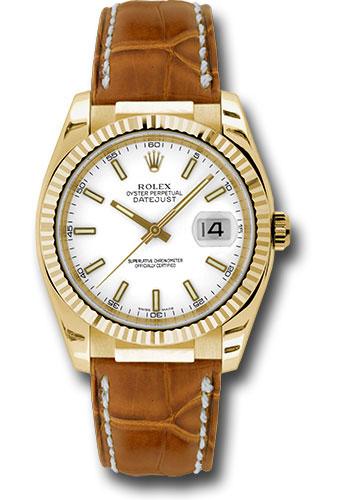 Rolex Yellow Gold Datejust 36 Watch - Fluted Bezel - White Index Dial - Brown Leather - 116138 wsb