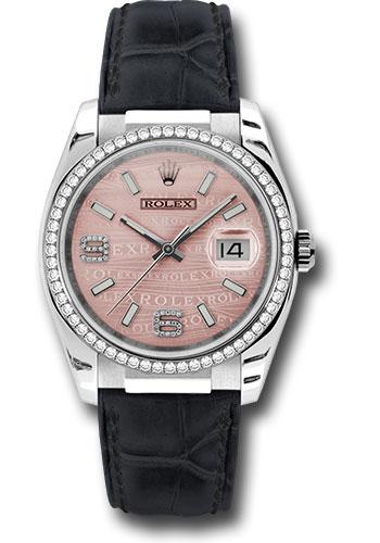 Rolex White Gold Datejust 36 Watch - 60 Diamond Bezel - Pink Wave Diamond 6 And 9 Arabic Dial - Leather - 116189 pwdal