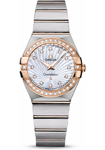 Omega Ladies Constellation Quartz Watch - 27 mm Brushed Steel And Red Gold Case - Diamond Bezel - Mother-Of-Pearl Diamond Dial - 123.25.27.60.55.002