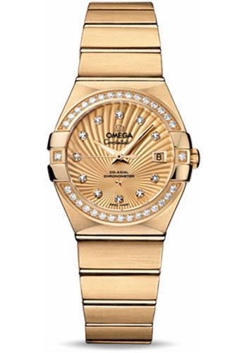 Omega Ladies Constellation Chronometer Watch - 27 mm Brushed Yellow Gold Case - Diamond Bezel - Champagne Supernova Diamond Dial - 123.55.27.20.58.001