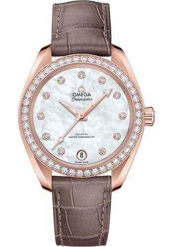 Omega Seamaster Aqua Terra 150M Co-Axial Master Chronometer Watch - 34 mm Sedna Gold Case - Diamond-Set Bezel - White Mother-Of-Pearl Diamond Dial - Taupe-Brown Leather Strap - 220.58.34.20.55.001