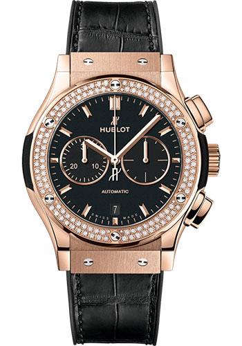 Hublot Classic Fusion Chronograph King Gold Diamonds Watch - 42 mm - Black Dial - Black Rubber and Leather Strap-541.OX.1181.LR.1104