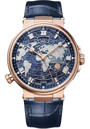 Breguet Marine Hora Mundi 5557 - Rose Gold Case - Blue Dial - Blue Leather Strap - 5557BR/YS/9WV