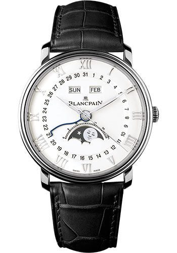 Blancpain Villeret Quanti�me Complet Watch - 40mm Steel Case - White Dial - Black Alligator Strap - 6654-1127-55B