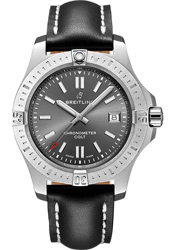 Breitling Colt 41 Automatic Watch - Steel - Tempest Gray Dial - Black Leather Strap - Folding Buckle - A17313101F1X4