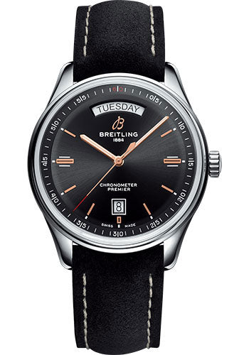 Breitling Premier Automatic Day & Date Watch - 40mm Steel Case - Black Dial - Black Nubuck Strap - A45340241B1X2