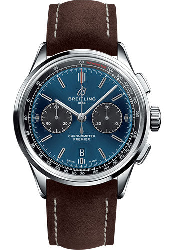 Breitling Premier B01 Chronograph Watch - 42mm Steel Case - Blue Dial - Brown Nubuck Strap - AB0118A61C1X1