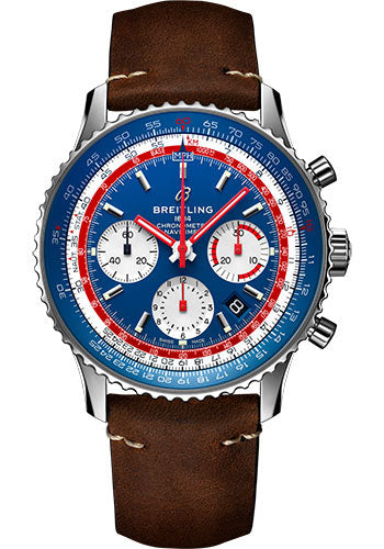 Breitling Navitimer B01 Chronograph 43 Pan Am Watch - Steel - Blue Dial - Brown Nubuck Strap - Tang Buckle - AB01212B1C1X1