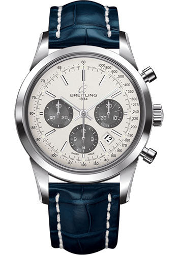 Breitling Transocean Chronograph Watch - Steel - Mercury Silver Dial - Blue Croco Strap - Tang Buckle - AB015212/G724/731P/A20BA.1