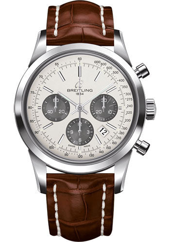 Breitling Transocean Chronograph Watch - Steel - Mercury Silver Dial - Gold Croco Strap - Folding Buckle - AB015212/G724/738P/A20D.1