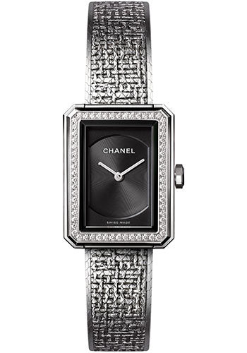 Chanel BOYFRIEND TWEED Quartz Watch - Small Steel Case - Diamond Bezel - Black Dial - Steel Bracelet - H4877