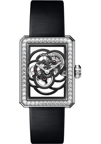 Chanel Premiere Camelia Skeleton Manual-Wind Watch - White Gold Diamond Case - Diamond Bezel - See Through Dial - Black Satin Strap - H5251