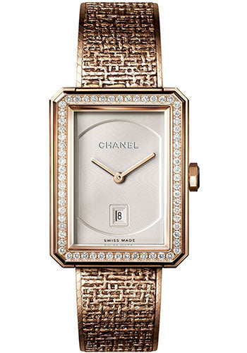 Chanel BOYFRIEND TWEED Quartz Watch - Medium Beige Gold Case - Diamond Bezel - Opaline Dial - Beige Gold Bracelet - H5315