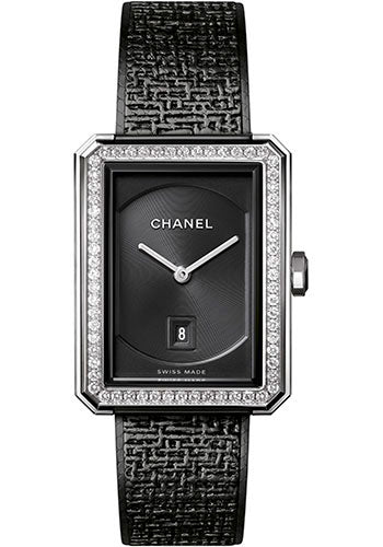 Chanel BOYFRIEND TWEED Quartz Watch - Medium Steel Case - Diamond Bezel - Black Dial - Steel Bracelet - H5318