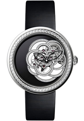 Chanel Mademoiselle Prive Camelia Skeleton Manual-Wind Watch - White Gold Case - Diamond Bezel - Black Satin Strap - H5471