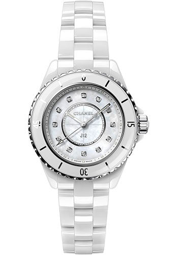 Chanel J12 Quartz Watch - 33mm White Ceramic And Steel Case - White Mother Of Pearl Diamond Dial - White Ceramic Bracelet - H5704