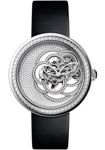 Chanel Mademoiselle Prive Camelia Skeleton Manual-Wind Watch - White Gold Case - Diamond Bezel - Black Satin Strap - H5945