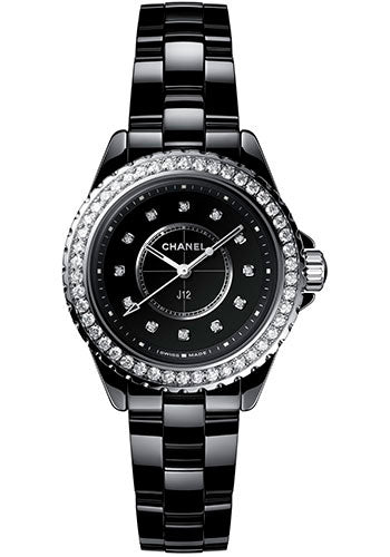 Chanel J12 Quartz Watch - 33mm Black Ceramic And Steel Case - Diamond Bezel - Black Diamond Dial - Black Ceramic Bracelet - H6419