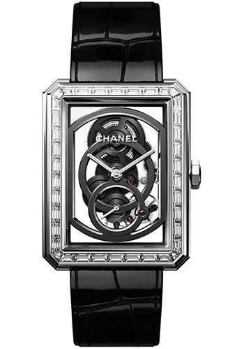 Chanel BOYFRIEND Skeleton Manual-Wind Watch - Large White Gold Case - Diamond Bezel - Black Strap Limited Edition of 55 - H6433