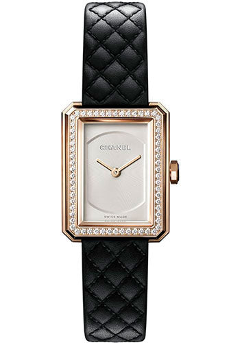 Chanel BOYFRIEND Quartz Watch - Small Beige Gold Case - Diamond Bezel - Opaline Dial - Black Strap - H6590