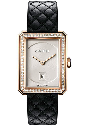 Chanel BOYFRIEND Quartz Watch - Medium Beige Gold Case - Diamond Bezel - Opaline Dial - Black Strap - H6591