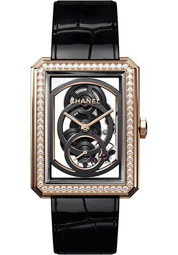 Chanel BOYFRIEND Skeleton Manual-Wind Watch - Large Beige Gold Case - Diamond Bezel - Black Strap - H6595