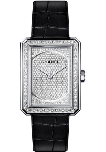 Chanel BOYFRIEND Quartz Watch - Medium White Gold Case - Diamond Bezel - Black Strap - H6674