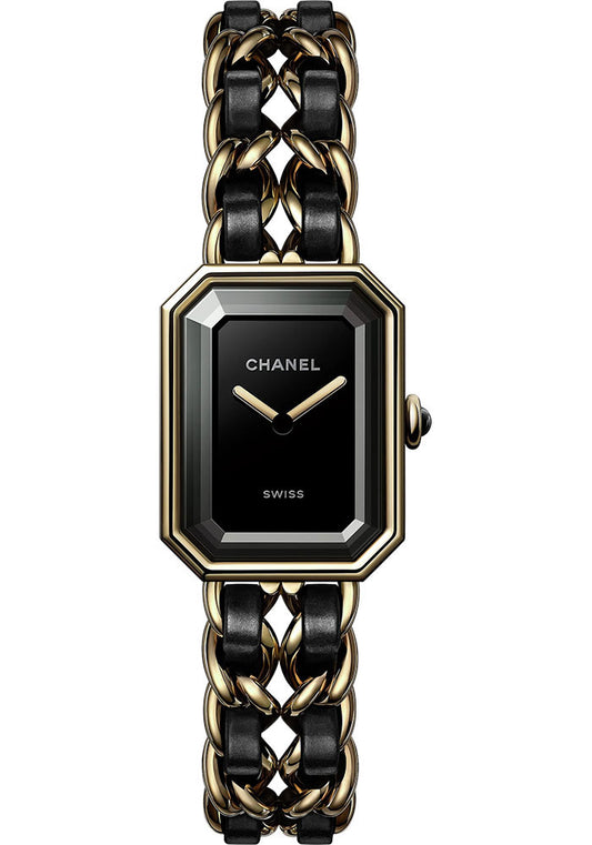 Chanel Premiere edition Originale - Steel Case - Black Dial - Steel Chain Bracelet Coated With 18K Yellow Gold (0.1 Micron) Interwoven With Black Leather Strap - Steel Chain Bracelet - H6951