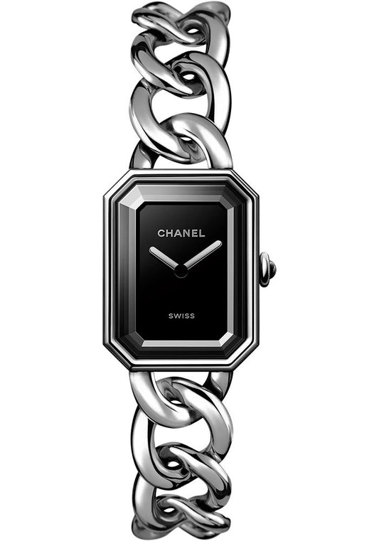 Chanel Premiere Gourmette Chain Quartz Watch - Large Steel Case - Black Dial - Steel Chain Bracelet - H7018