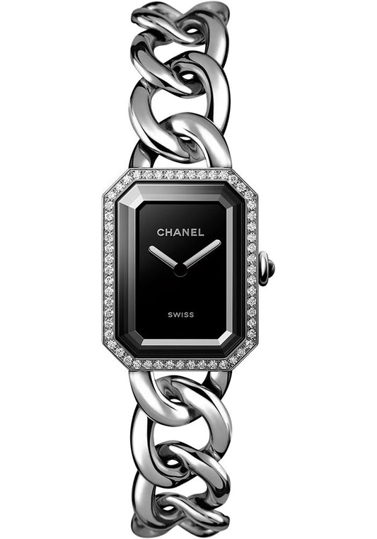 Chanel Premiere Gourmette Chain Quartz Watch - Large Steel Diamond Case - Black Dial - Steel Chain Bracelet - H7020