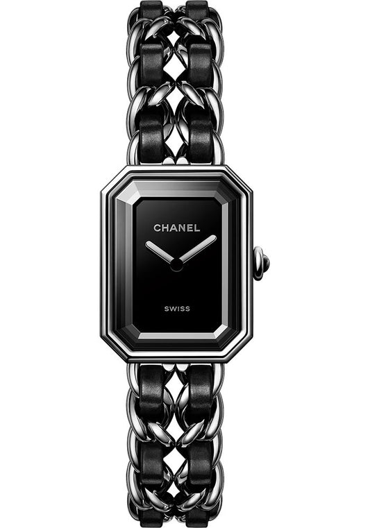 Chanel Premiere Iconic Chain Quartz Watch - Steel Case - Black Dial - Steel Chain Bracelet Interwoven With Black Leather Strap - Steel Chain Bracelet - H7022