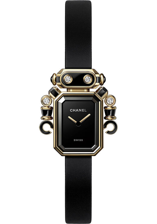 Chanel Premiere ROBOT Quartz Watch - Yellow Gold, Black Ceramic And Blackened Titanium Robot-Shaped Diamond Case - Black Dial - Black Rubber Strap - H7944