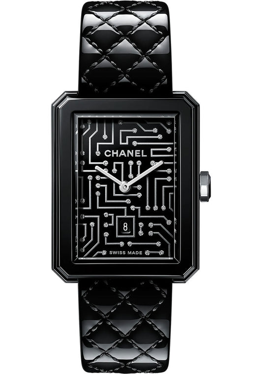 Chanel BOYFRIEND CYBERDATA Quartz Watch - Medium Steel Case - Black Diamond Dial - Patent Black Strap - H7946