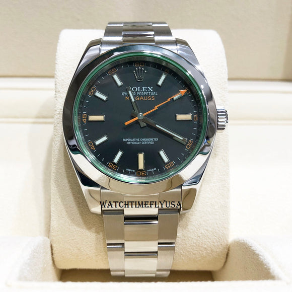 Rolex 116400 Milgauss Stainless Steel Watch Black Dial With Green Crystal