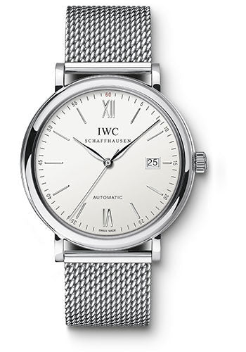 IWC Portofino Automatic Watch - 40 mm Stainless Steel Case - Silver Dial - Steel Milanese Mesh Bracelet - IW356505