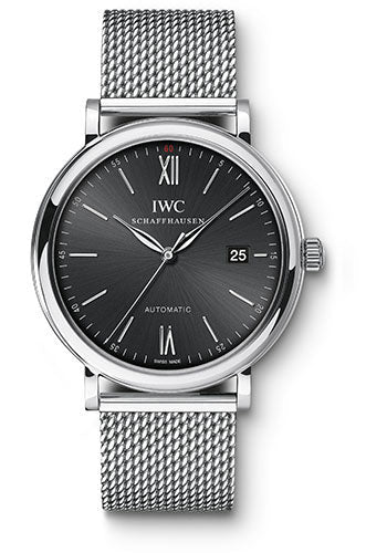 IWC Portofino Automatic Watch - 40 mm Stainless Steel Case - Black Dial - Steel Milanese Mesh Bracelet - IW356506