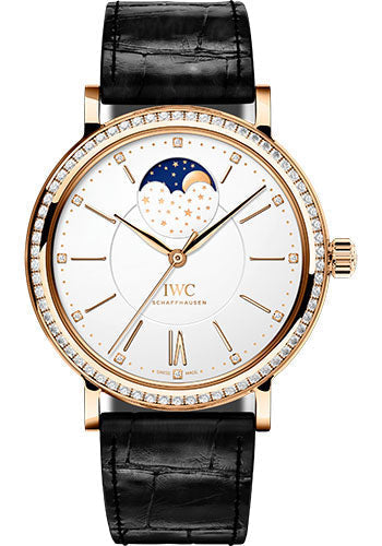 IWC Portofino Automatic Moon Phase 37 Watch - 37.0 mm 5N Gold Case - Diamond Bezel - Silver Dial - Black Alligator Strap - IW459009