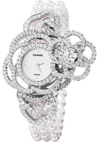 Chanel Camelia Jewelry Watch - Secret Watch With Embroidered Camellia Motif - Large White Gold Case - Cultured Pearls Bracelet - J10576