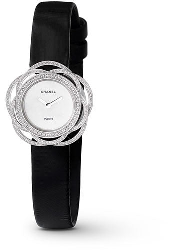 Chanel Camelia Jewelry Quartz Watch - Mini Embroidered Camellia Motif - White Gold Case - Black Satin Strap - J10943