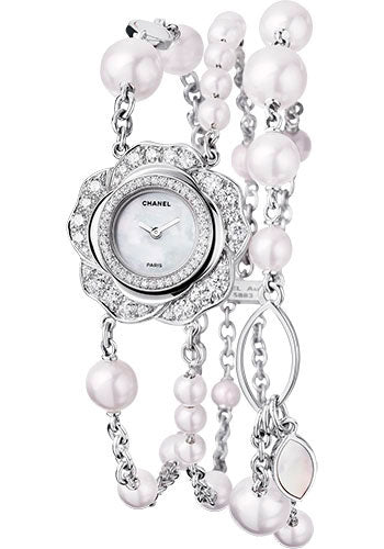 Chanel Camelia Jewelry Quartz Watch - Camellia Bud Motif - White Gold Case - Cultured Pearls Bracelet - J11130