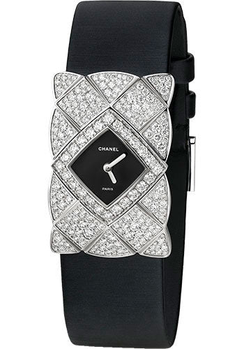 Chanel Coco Crush Jewelry Quartz Watch - Quilted Motif - White Gold Case - Black Satin Strap - J11350