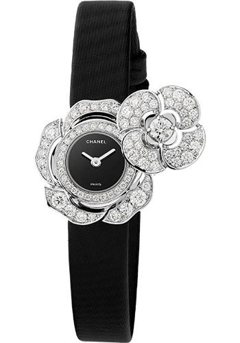 Chanel Camelia Jewelry Quartz Watch - Secret Watch With Camellia Motif - Diamond Case - Black Satin Strap - J11460