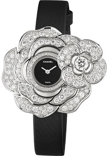 Chanel Camelia Jewelry Quartz Watch - Secret Watch With Camellia Motif - White Gold Case - Black Satin Strap - J11777