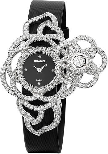 Chanel Camelia Jewelry Watch - Secret Watch With Embroidered Camellia Motif - Large White Gold Case - Black Satin Strap - J3940