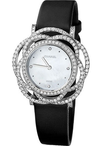 Chanel Camelia Jewelry Watch - Embroidered Camellia Motif - White Gold Case - Black Satin Strap - J4281