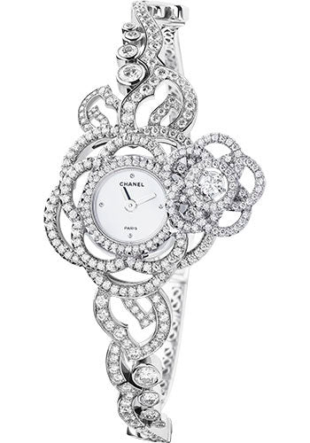 Chanel Camelia Jewelry Watch - Secret Watch With Embroidered Camellia Motif - Medium White Gold Case - Diamond Bracelet - J4292