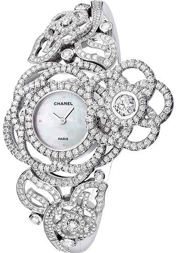 Chanel Camelia Jewelry Watch - Secret Watch With Embroidered Camellia Motif - Large White Gold Case - Diamond Bracelet - J4293