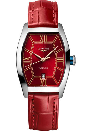 Longines Evidenza Automatic Watch - 26.00 X 30.6 mm Steel Case - Red Roman Dial - Red Strap - L2.142.4.09.2