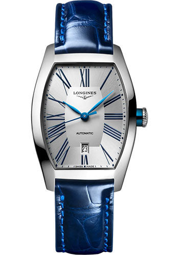 Longines Evidenza Automatic Watch - 26.00 X 30.6 mm Steel Case - Silver Roman Dial - Blue Strap - L2.142.4.70.2